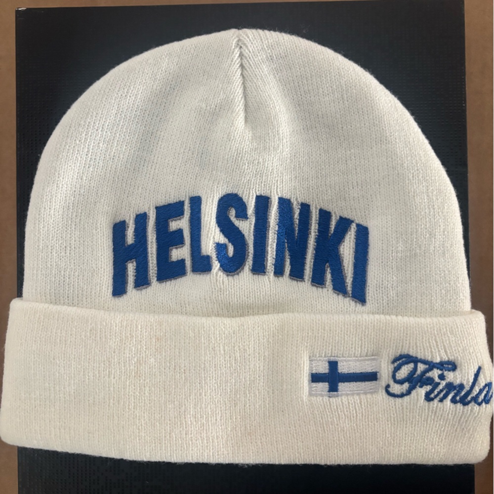 White Beanie with Blue "HELSINKI" Embroidery